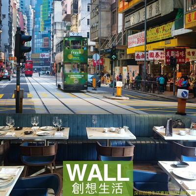 香港复古怀旧老街景茶餐厅大型3D立体壁画艺术背景墙纸个性定制做