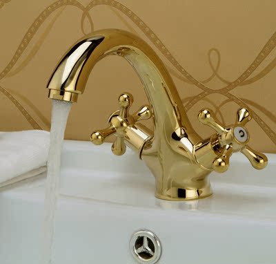 金色水龙头卫生间浴室台上盆面盆龙头欧式复古仿古水龙头冷热全铜