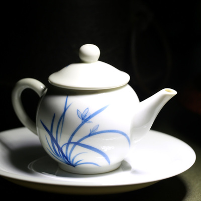 南园雅玩 日本原装中古品 手工白瓷手绘兰花茶壶 功夫茶具泡茶壶