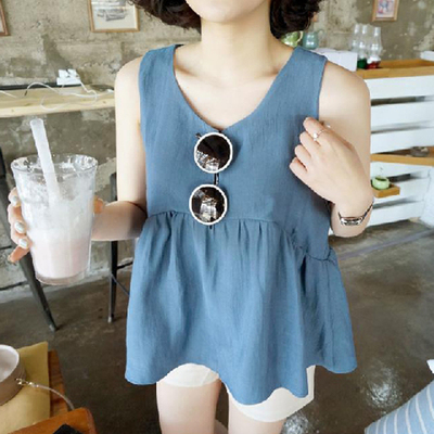2017夏季新款韩版宽松显瘦娃娃衫圆领无袖棉麻衬衫高腰背心上衣女