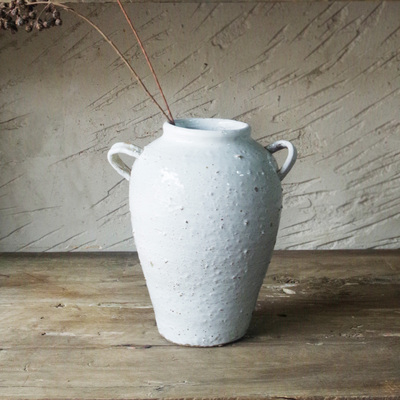 粗陶陶罐花盆 白色粗陶花瓶陶罐摆件 手工陶艺花瓶装饰插花孤品