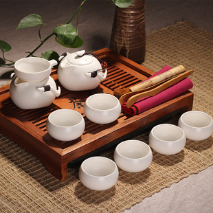 定窑亚光整套茶具套装 陶瓷功夫 简易办公室家用日式竹茶盘 特价