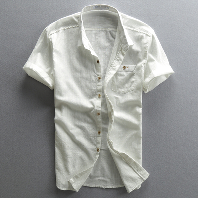 2016夏季男士休闲亚麻短袖衬衫修身薄款翻领棉麻布韩版白色男衬衣