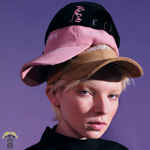 【顽皮】欧美时尚街头拍摄粉红豹竖条灯芯绒棒球帽英文刺绣鸭舌帽