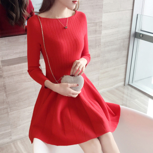 2016秋季新款女装时尚潮小红裙长袖修身中长款红色针织连衣裙