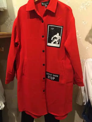 2016秋装新 韩版休闲中长款衬衫上衣红色修身外套女70006317