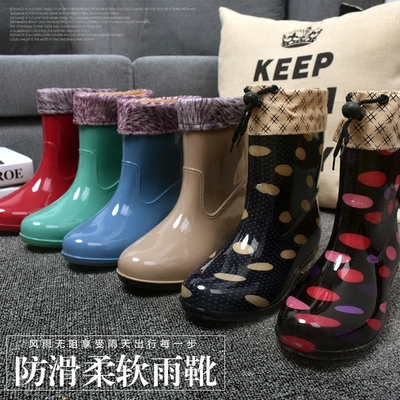 包邮促销韩风短筒女水鞋防滑保暖水靴可爱型中统加绒雨鞋实用雨靴