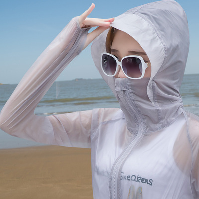 2016新款夏装女连帽口罩防晒衣中长款大码宽松超薄防紫外线沙滩服
