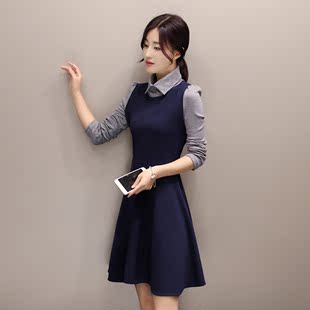 2016新款秋装韩版女装显瘦娃娃领修身收腰连衣裙长袖弹力打底裙子
