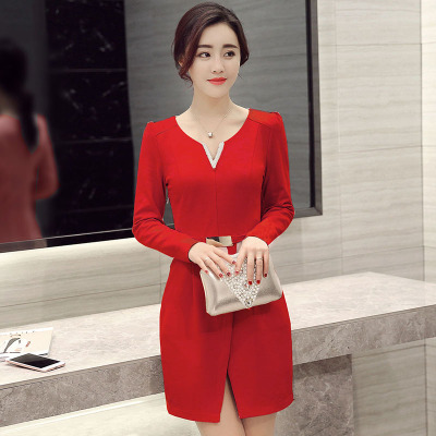 2016秋装新款韩版修身气质时尚针织长袖V领连衣裙品牌女装
