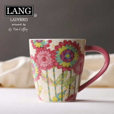 美国LANG 粉色系插画水杯 大容量陶瓷杯马克杯厚实咖啡杯 瓢虫
