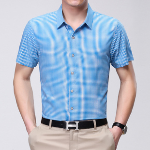2016夏季男装新款男士韩版短袖衬衫中年格子100%纯棉免烫修身衬衣