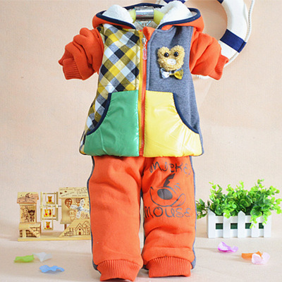 甩卖 韩版男童套装 男童拼色卫衣棉服套装 小熊加绒加厚外出服包