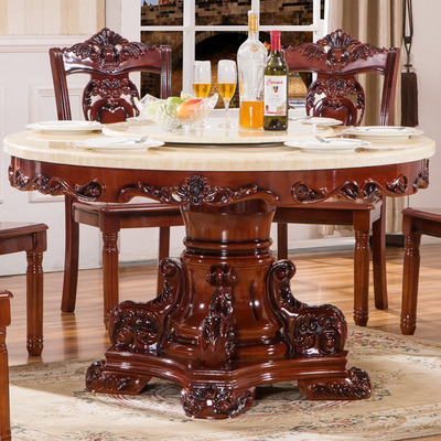 美式天然大理石圆形餐桌 欧式全实木圆形饭桌椅组合大小户型