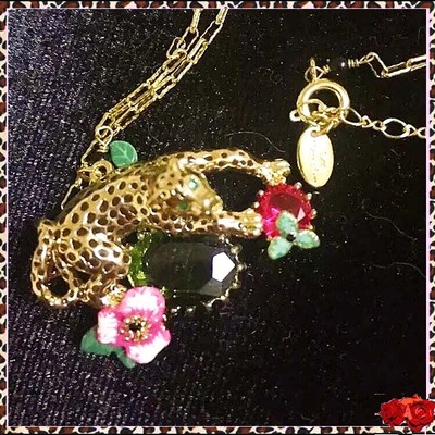 西洋古董首饰镀金宝石珐琅彩釉花朵豹子项链