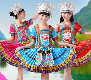 儿童壮族服装土家族苗族舞蹈彝族演出服百褶裙少数民族舞蹈服饰女