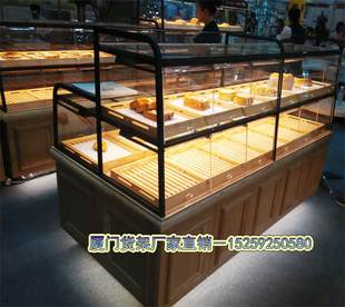 铁质高档面包柜展示架弧形玻璃展示柜不锈钢货架实木面包中岛柜