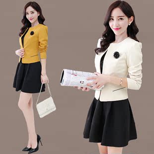 新款韩版时尚气质连衣裙淑女修身显瘦长袖中长款圆领两件套