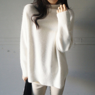 兔绒大毛衣外套女士宽松加厚白色高领不规则貂绒针织衫韩国秋冬款