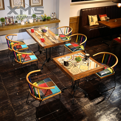 咖啡厅桌椅 瓷砖地板西餐厅loft复古实木桌椅 特色主题餐厅餐台椅