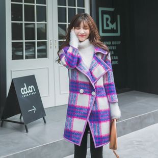 2016韩版新款宽松落肩袖中长款格子羊毛呢外套女秋冬季呢大衣茧型