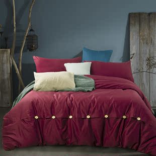 纯色简约磨毛四件套1.5m1.8米床纽扣式素色被套床单枕套床上用品