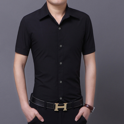 短袖衬衫男夏季薄款 纯色商务职业正装 青年修身韩版黑色上班衬衣
