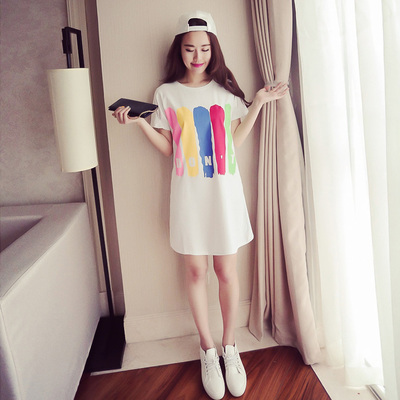 2016夏装新款韩国印花字母大码宽松短袖t恤中长款修身连衣裙女装