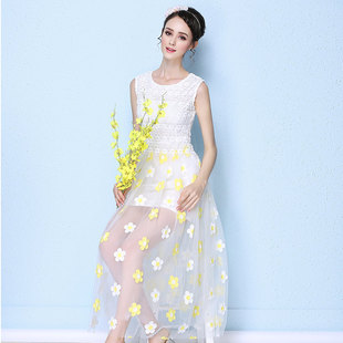 欧美品牌女装夏季新款潮时尚蕾丝拼接度假纱网长裙无袖显瘦连衣裙