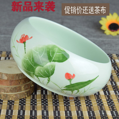特价包邮特大号纯手工手绘装茶杯的碗陶瓷茶洗 青瓷 日式荷花杯洗