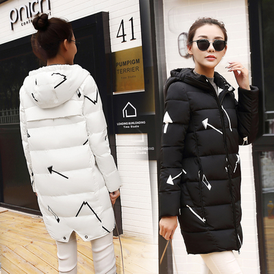 2016新品时尚韩版冬装大码女装立领印花图案加厚中长款棉衣棉服女