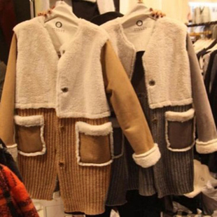 韩国东大门代购冬新麂皮绒皮毛一体拼接针织毛衣保暖大衣百搭外套
