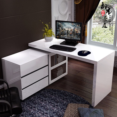 白色钢琴烤漆转角书桌书柜组合家用台式办公桌写字台旋转电脑桌