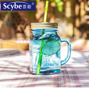 scybe喜碧彩色公鸡杯带盖梅森杯咖啡玻璃杯创意大容量果汁啤酒杯