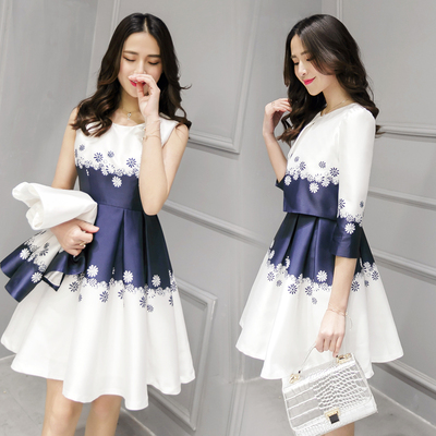 2016秋季新款韩版时尚套装两件套连衣裙显瘦印花背心裙A字套装裙