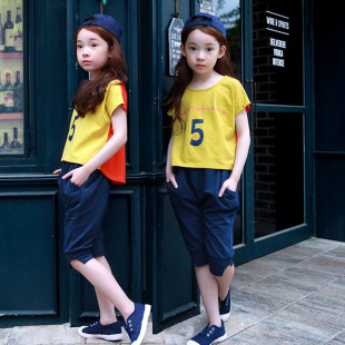儿童夏季运动款套装t恤七分哈伦裤女童两件套韩版纯棉薄款中大童