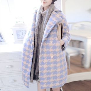 2016秋装新款韩版千鸟格羊毛呢外套女中长款长袖宽松呢大衣