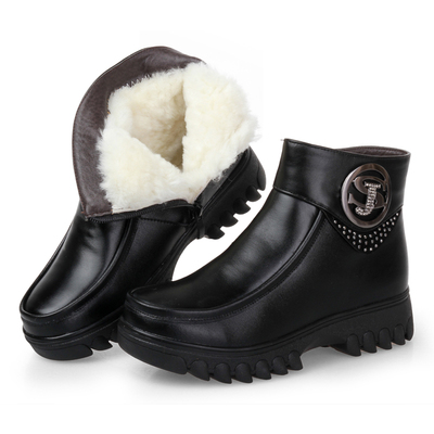 冬季真皮女棉靴羊毛棉鞋平跟靴子黑色工装短靴妈妈鞋英伦皮鞋