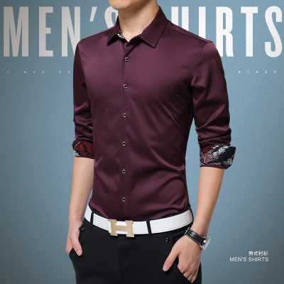 2018春季品牌男士高档丝光棉长袖衬衫修身韩版纯色青少年衬衣礼服