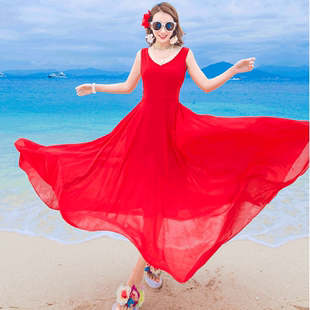 韩版性感女沙滩裙海边裙子夏季露肩装拖地长裙大摆型仙雪纺连衣裙