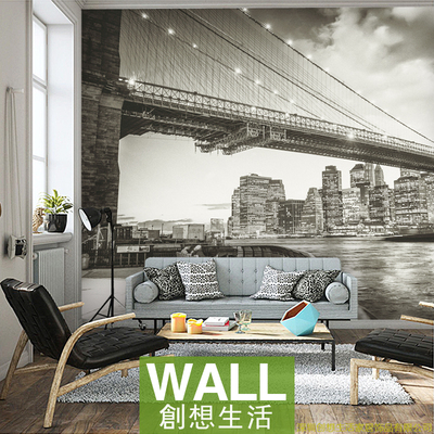 黑白纽约桥怀旧现代城市夜景3D壁画客厅沙发卧室餐厅背景墙纸壁纸