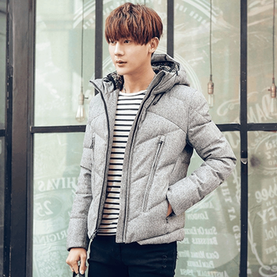 羽绒服男短款青年加厚学生修身连帽纯色韩版潮流时尚冬季保暖外套