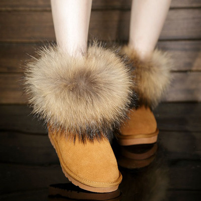 新款冬女靴雪地靴棉靴真皮平底防滑牛皮貉子毛短靴狐狸毛雪地靴