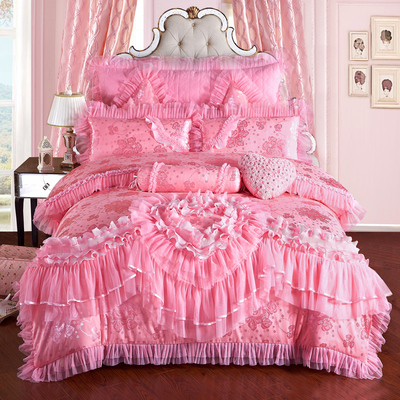 纯棉婚庆4四件套粉色床裙欧式被套床单家纺结婚1.8m床上用品情缘