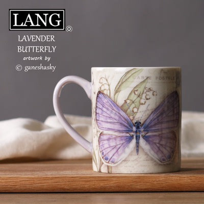 美国LANG 紫色蝴蝶 陶瓷厚实咖啡杯马克杯奶茶杯水杯 田园复古