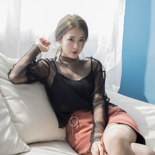 韩国性感网纱镂空蕾丝衫罩衫秋季两件套长袖宽松透视上衣女士打底