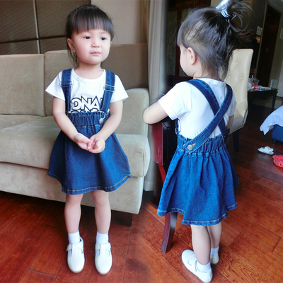 韩版夏装新款背带套装裙女童装上衣+裙子短袖牛仔裙1-2-3-4岁半潮