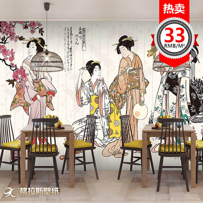 日式和风墙纸日本料理寿司店和服浮世绘仕女图壁纸特色餐厅壁画