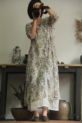 远行如歌 森女左岸迷香风格两件套文艺复古连身裙棉麻碎花袍子