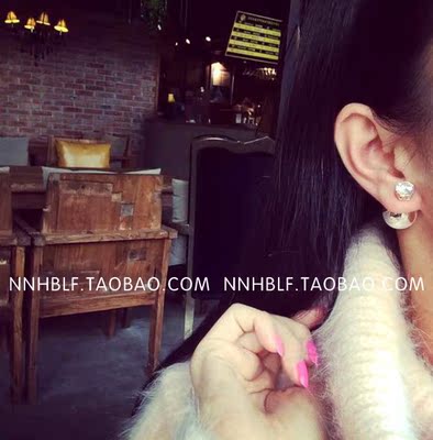 韩国时尚珍珠水晶锆石耳钉前后珍珠双面耳环镀真金大牌防过敏耳饰